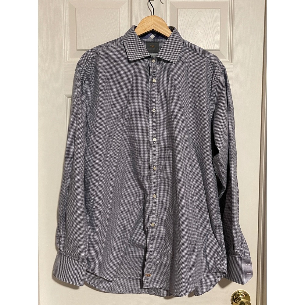 Thomas Dean Mens Button Down Shirt XL Pima‎ Cotton Navy White Micro Gingham Long